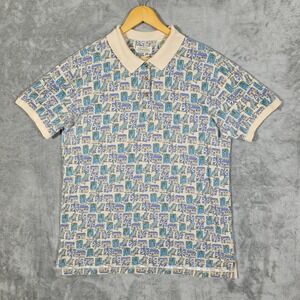 Vintage St Johns Bay Polo Shirt Mens XL Beige Blue Beach House Palm Tree 90s AOP